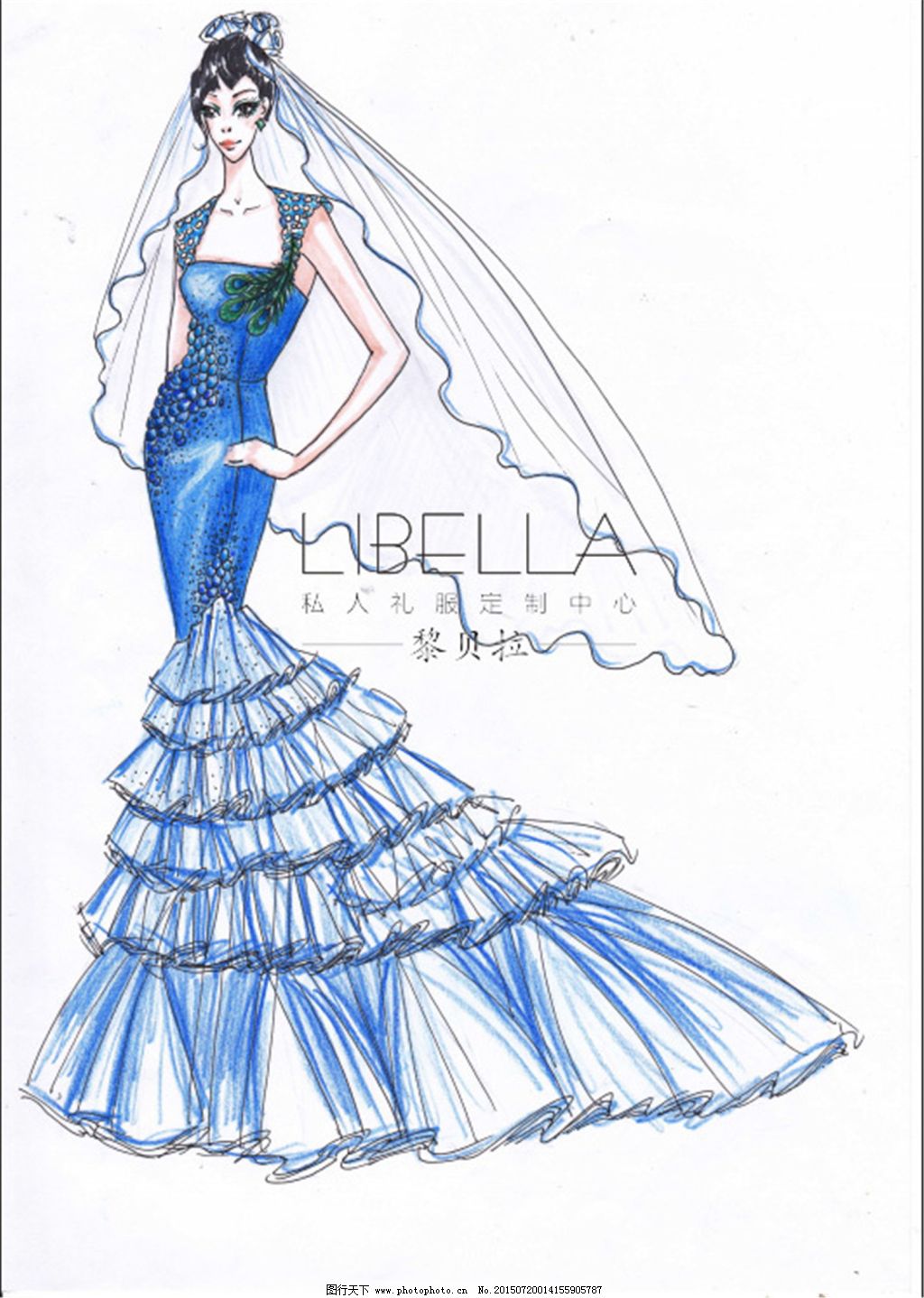 藍(lán)色拖尾手繪服裝設(shè)計(jì)