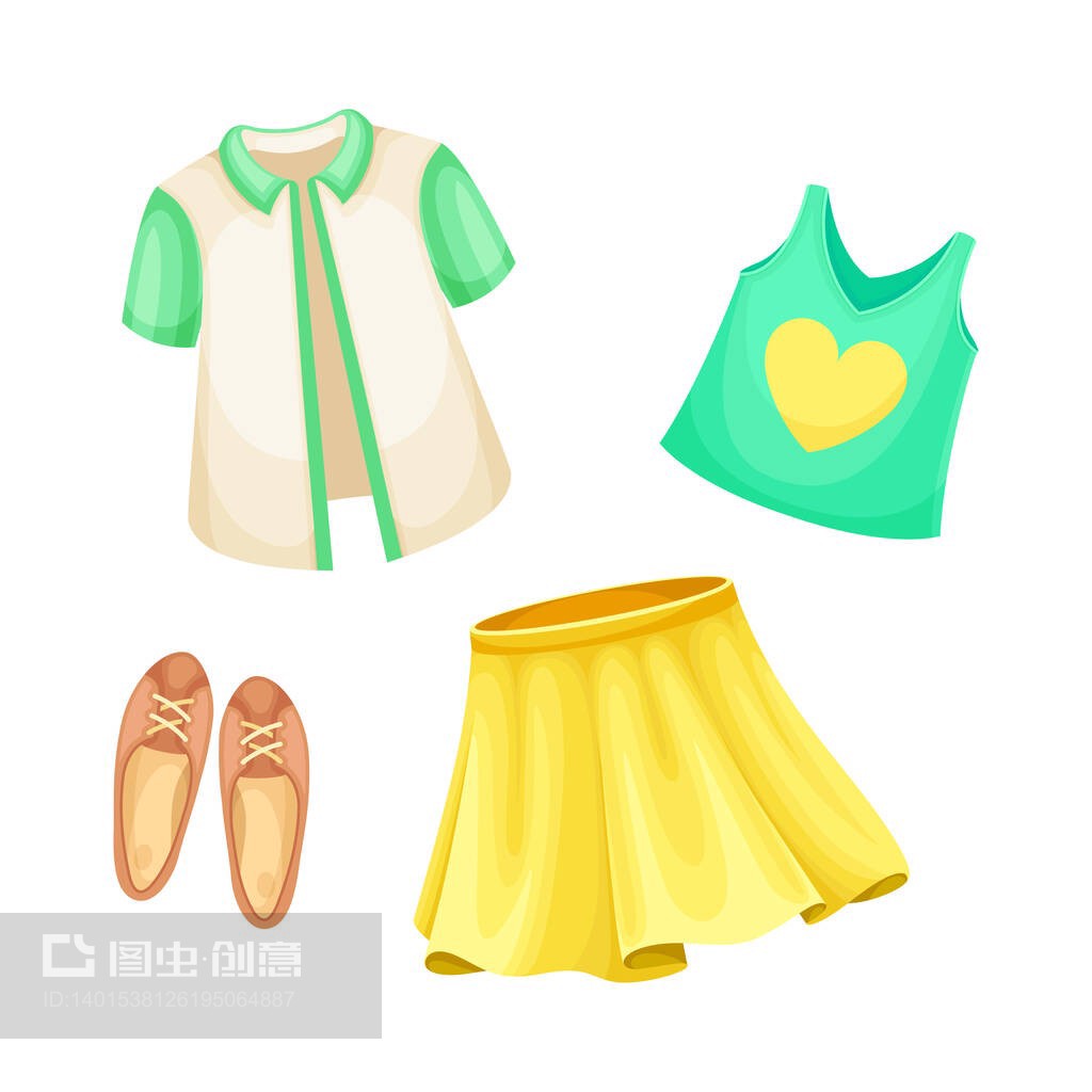 女孩套裝的夏季服裝。襯衫,背心,裙子和芭蕾舞鞋卡通矢量插圖